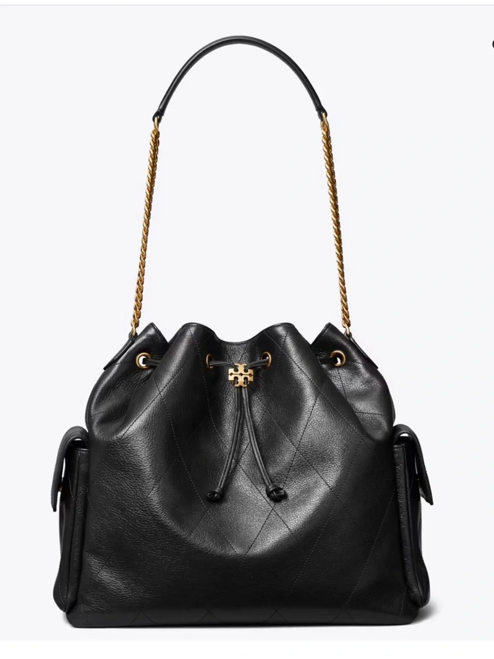 Tory Burch Large Charlie Black Leather Drawstring Shoulder Bag with Gold Chain
